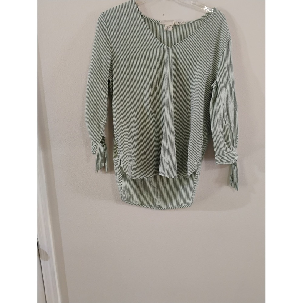 LOGG H&M Green White Striped V-Neck Blouse Tie Sleeve High Low Top Size 10